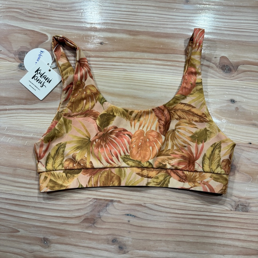 Kulani Kinis Tropical Leaf Print Bikini Top in Peach, Olive & Coral
